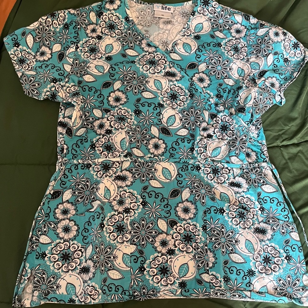 Teal Floral Print medium Women's scrub Top
